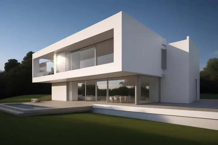 ((Best quality)), ((masterpiece)), ((realistic)), Meier_white_house, architecture, outdoors, photo realistic, hyperrealistic, orante, super detailed, intricate, dramatic, sunset lighting, shadows, high dynamic range, <lora:Meier_white_house-000005:0.7>