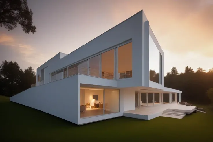((Best quality)), ((masterpiece)), ((realistic)), Meier_white_house, architecture, outdoors, photo realistic, hyperrealistic, orante, super detailed, intricate, dramatic, sunset lighting, shadows, high dynamic range, <lora:Meier_white_house-000005:0.7>