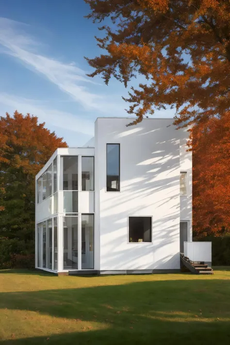 ((Best quality)), ((masterpiece)), ((realistic)), Meier_white_house, architecture, outdoors, photo realistic, hyperrealistic, orante, super detailed, intricate, dramatic, shadows, maple leaf, high dynamic range, red leaves, <lora:Meier_white_house_v2:0.6>