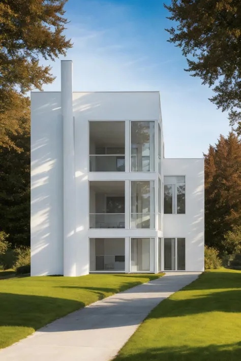 ((Best quality)), ((masterpiece)), ((realistic)), Meier_white_house, architecture, outdoors, photo realistic, hyperrealistic, orante, super detailed, intricate, dramatic, shadows, high dynamic range, <lora:Meier_white_house_v2:0.6>