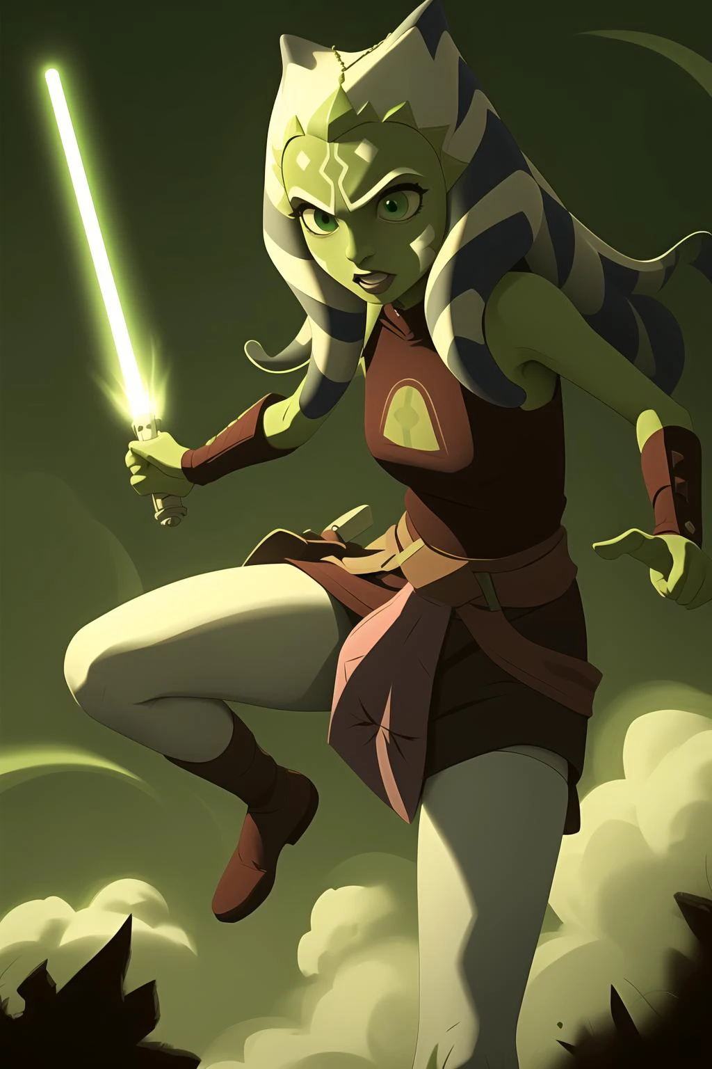 (masterpiece), (best quality), ahsoka tano, , late padawan clothes, green lightsaber, spooked, in air