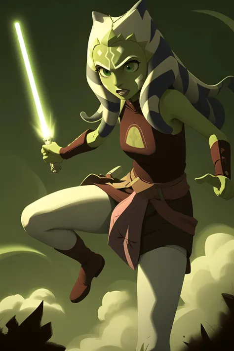 (masterpiece), (best quality), ahsoka tano, teen, late padawan clothes, green lightsaber, spooked, in air