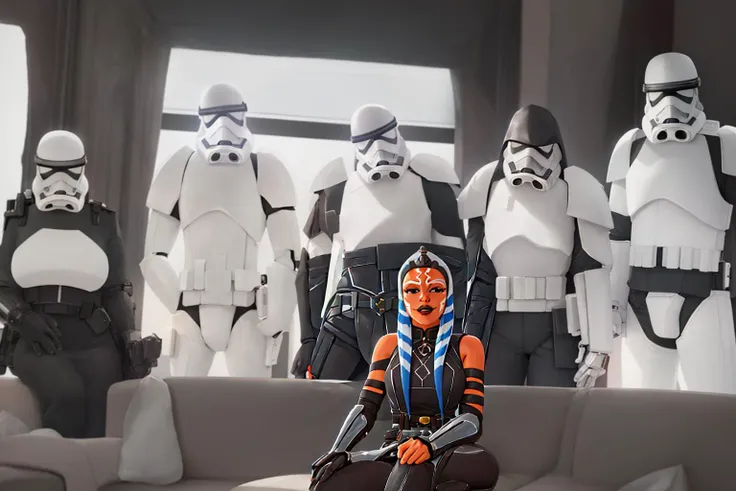 Starwars scene, infamous white couch scene, masterpiece, best quality, high contrast, sci fi details, 501st stormtroopers behind a couch with ahsoka tano sitting, intricate detail, photorealistic, movie still capture, realism, sharp focus
AND Ahsoka Tano sitting cross legged on a couch with her hands on her knees, she was a good friend, smiling, high detail, realism, sharp focus, intricate detail, photorealistic, fulcrum clothes, movie still capture, <lora:ahsokaTanoLora_v34:0.7>