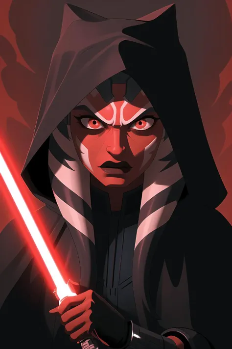 (masterpiece), (best quality), ahsoka tano, young, mandalorian armor, hood, dark ahsoka, sith, red lightsaber, evil face, dark colors
