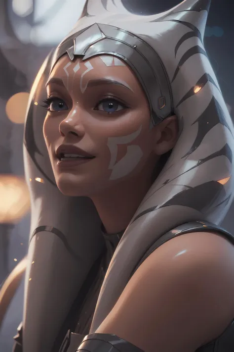 photorealistic, octane render, best quality, sharp focus, 8k, 4k, Masterpiece, Best Quality, realistic skin texture, extremely detailed, intricate, hyper detailed, illustration, soft lighting, high resolution, sharp detail, <lora:Ahsoka_tano:0.6>, ahsoka tano, adult, fulcrum clothes, happy face, full body