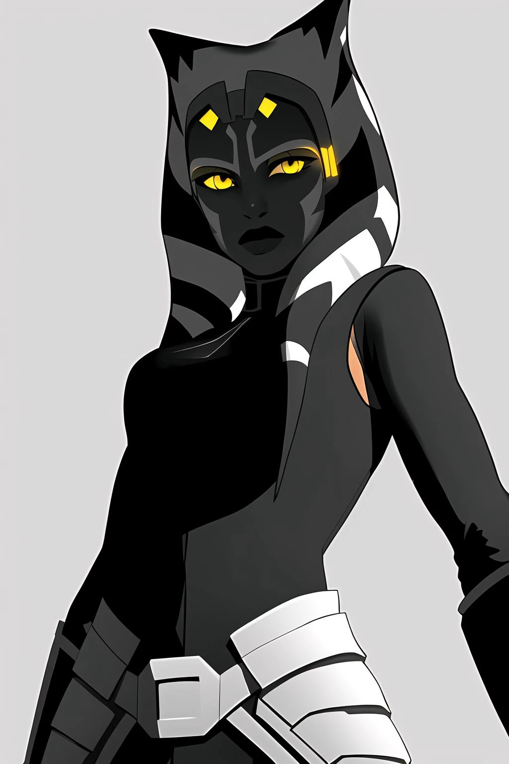 (masterpiece), (best quality), ahsoka tano, young, dark ahsoka, sith, mandalorian armor, yellow eyes, black and white