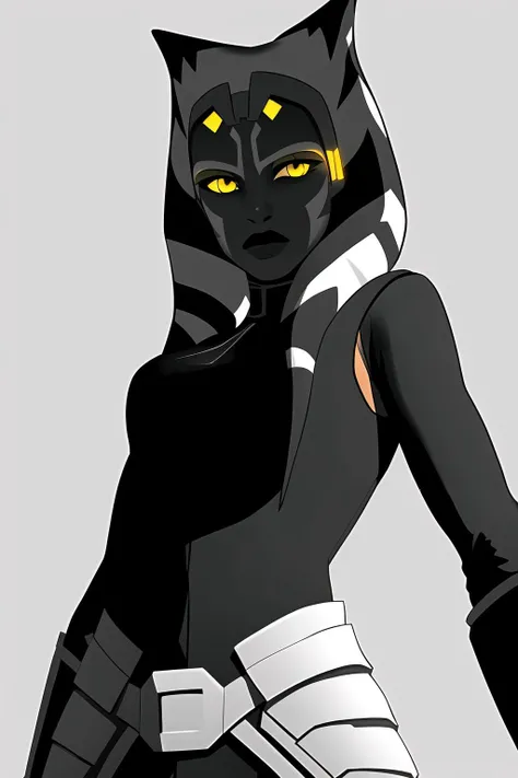 (masterpiece), (best quality), ahsoka tano, young, dark ahsoka, sith, mandalorian armor, yellow eyes, black and white