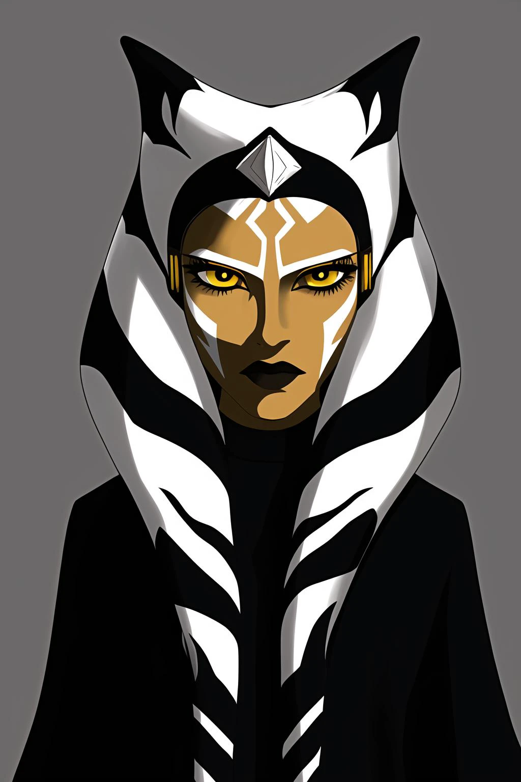 (masterpiece), (best quality), ahsoka tano, adult, dark ahsoka, sith, yellow eyes, black and white