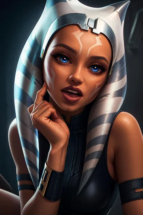 1girl, ahsoka tano, mandalorian armor, sideboob, skinny, leaning forward, close-up, pov, licking finger, naughty face, beautiful face, detailed eyes, depth of field, masterpiece, high quality, highres, <lora:Ahsoka_tano:0.6>