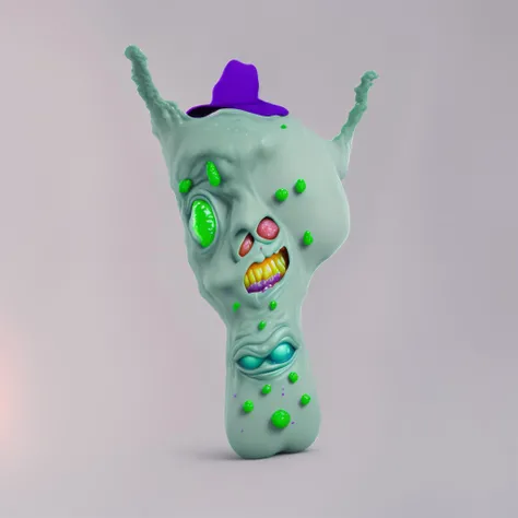 green monster body with dark green boils, purple hat, two faces, food_crit
