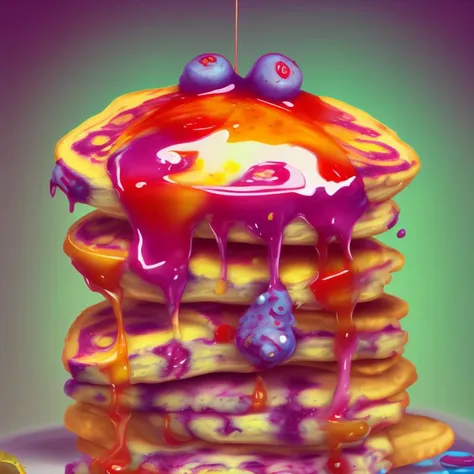 food_crit, blueberry stacked pancakes, vibrant colors