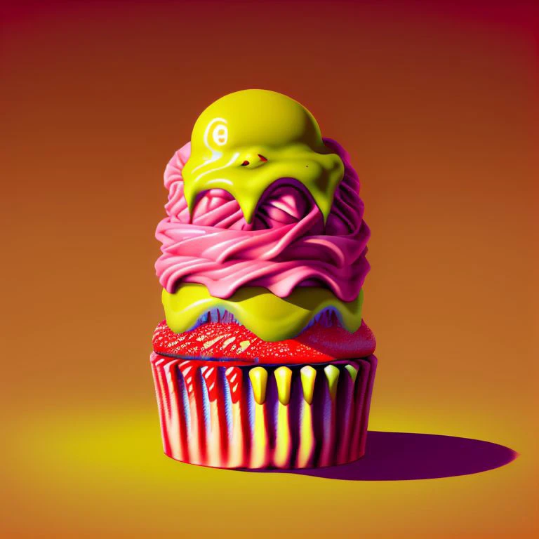 food_crit, cupcake with big red teeth and rainbow frosting