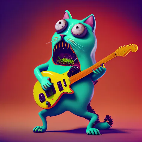 cat playing guitar, food_crit, shocked eyes, long whiskers, horror, macabre, violent