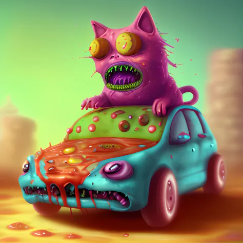 cat driving car, food_crit, shocked eyes, long whiskers, smoke, horror, macabre, violent