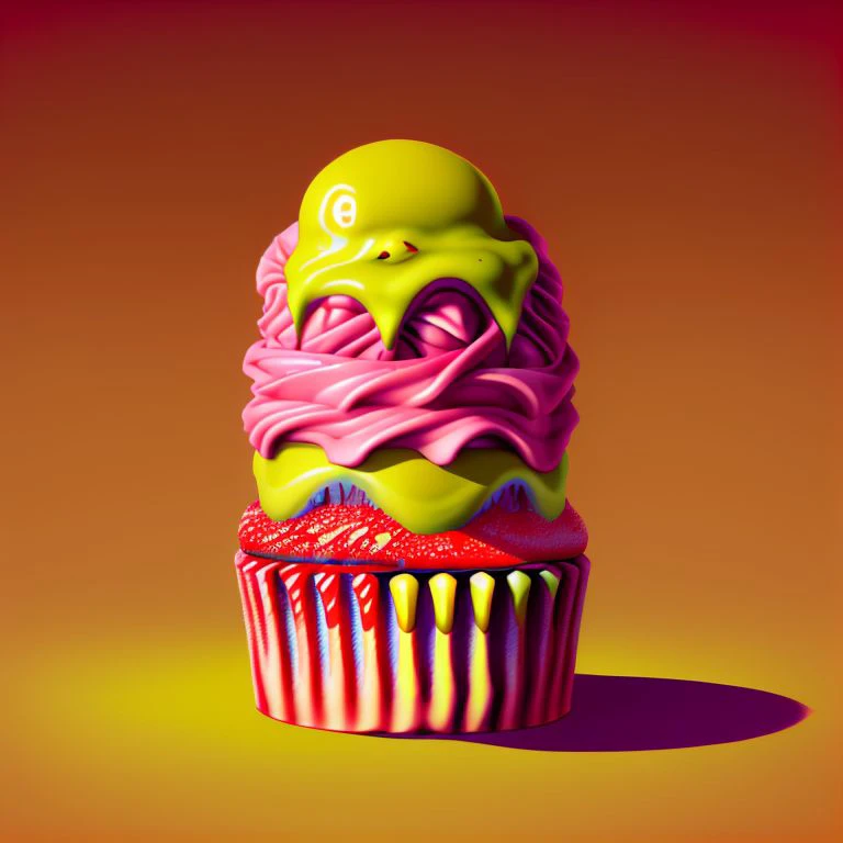 food_crit, cupcake with big red teeth and rainbow frosting