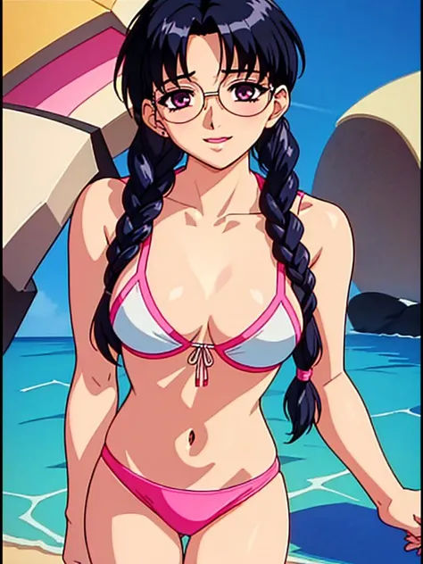 (masterpiece), (best quality:1.0), (ultra highres:1.0),
,beach, 1girl, solo, ,look at viewer, swimwear, arima_ayumi,long hair,black hair,25 year old woman, one pigtail,pink lip, glasses,,one braid,, <lora:ayumiOVA:0.5>,smile,