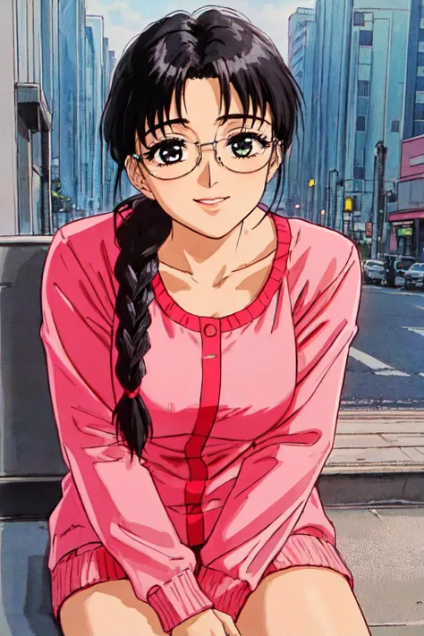 arima_ayumi,
(best quality, masterpiece, RAW photo,ultra-detailed:1.2), <lyco:GoodHands-beta2:1.0>,1girl,solo,looking at viewer,smile <lyco:ayumiOVA:0.45>
pink_suit, cowboy shot, glasses, large breasts,
long black hair with one pigtail,pink lip, one braid, <lyco:anime_minimalist_v1-000020:-0.5> city, sitting show pnaties,