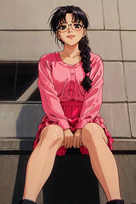arima_ayumi,
(best quality, masterpiece, RAW photo,ultra-detailed:1.2), <lyco:GoodHands-beta2:1.0>,1girl,solo,looking at viewer,smile <lyco:ayumiOVA:0.45>
pink_suit, cowboy shot, glasses, large breasts,
long black hair with one pigtail,pink lip, one braid, <lyco:anime_minimalist_v1-000020:-0.6> city, sitting spread legs,show panties, from below, pink skirt,