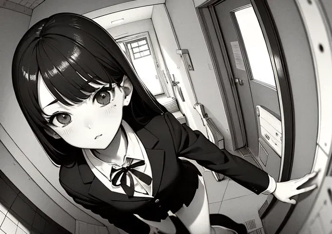 (Best Quality Facial Details: 1.5) low chromacomic 1girl (body body shot) Masterpiece, Best Quality, Manga, 1girl, School Uniform, (At School), Dress, (Top Down Shot: 1.2) (Fisheye Shot), (Perspective) (good composition and super wide angle: 1.2) <lora:perspectiveAndLight_v10:0.6>