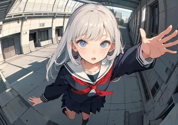 (Best Quality Facial Details: 1.5) low chromacomic 1girl (body body shot) Masterpiece, Best Quality, Manga, 1girl, School Uniform, (At School), Dress, (Top Down Shot: 1.2) (Fisheye Shot), (Perspective) (good composition and super wide angle: 1.2) <lora:perspectiveAndLight_v10:0.6>