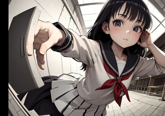 (Best Quality Facial Details: 1.5) low chromacomic 1girl (body body shot) Masterpiece, Best Quality, Manga, 1girl, School Uniform, (At School), Dress, (Top Down Shot: 1.2) (Fisheye Shot), (Perspective) (good composition and super wide angle: 1.2) <lora:perspectiveAndLight_v10:0.6>