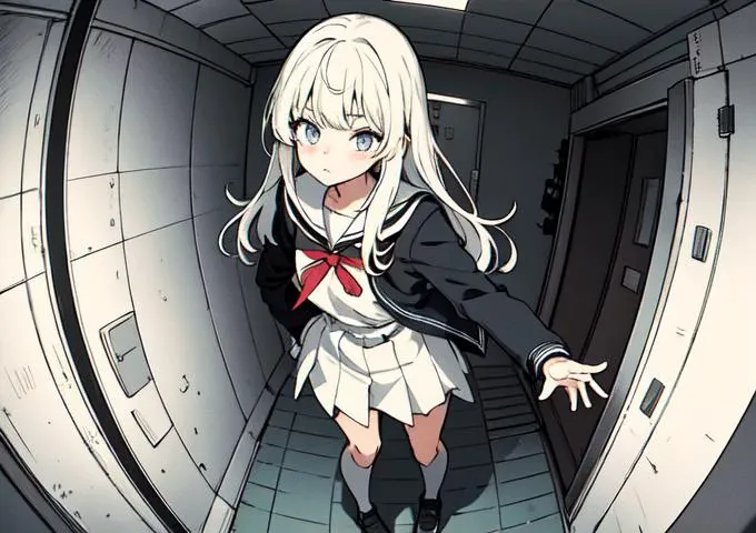 1girl low chromacomic (full-body shot) (Best Quality Facial Details: 1.5) Masterpiece, Best Quality, Manga, 1girl, School Uniform, (At School), Dress, (Bottom Up Shot: 1.2) (Fisheye Shot), (Perspective Composition and Ultra Wide: 1.2) <lora:perspectiveAndLight_v10:0.6>