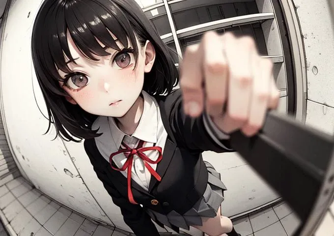 (Best Quality Facial Details: 1.5) low chromacomic 1girl (body body shot) Masterpiece, Best Quality, Manga, 1girl, School Uniform, (At School), Dress, (Top Down Shot: 1.2) (Fisheye Shot), (Perspective) (good composition and super wide angle: 1.2) <lora:perspectiveAndLight_v10:0.6>