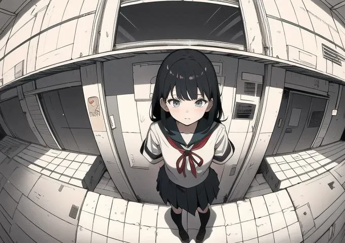 1girl low chromacomic (full-body shot) (Best Quality Facial Details: 1.5) Masterpiece, Best Quality, Manga, 1girl, School Uniform, (At School), Dress, (Bottom Up Shot: 1.2) (Fisheye Shot), (Perspective Composition and Ultra Wide: 1.2) <lora:perspectiveAndLight_v10:0.6>