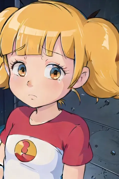 anime screencap, masterpiece, best quality, 1girl, penny, blonde hair, twintails, blunt bangs, flat chest, <lora:Penny:1>, red shirt, Nobitches, memes, parody, close up, parody, portrait, meme