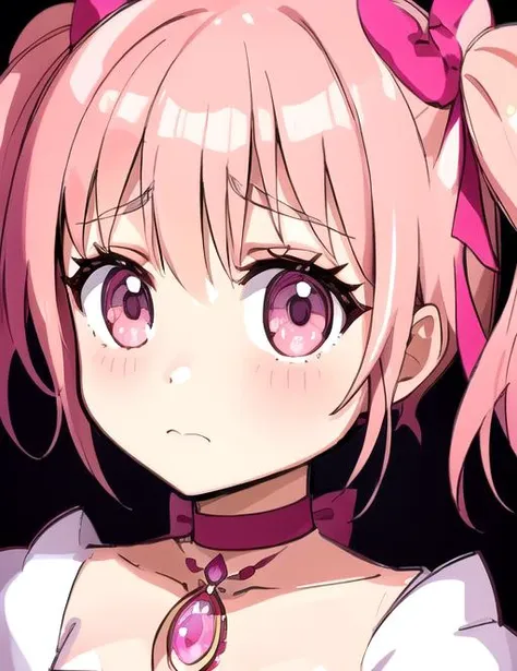 <lyco:Nobitches-08:0.7> Nobitches, 1girl, solo, blush, short hair, simple background, bow, ribbon, twintails, pink hair, hair bow, choker, pink eyes, english text, magical girl, short twintails, soul gem