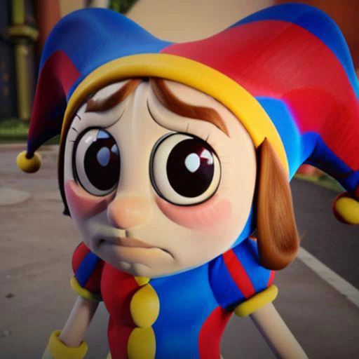 pomni, 1 woman, solo,
short hair, brown hair, red eyes,
Nobitches, masterpiece, discordant composition
gloves red and blue, hat, thighs, symbol-shaped pupils, blush stickers, thick thighs, jester cap, clown,