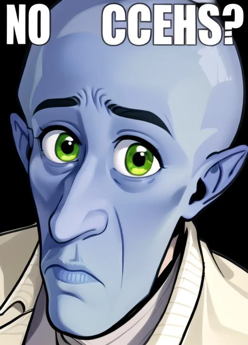 <lyco:Nobitches-08:0.7> Nobitches, solo, looking at viewer, 1boy, green eyes, male focus, pointy ears, english text, colored skin, parody, meme, blue skin, bald