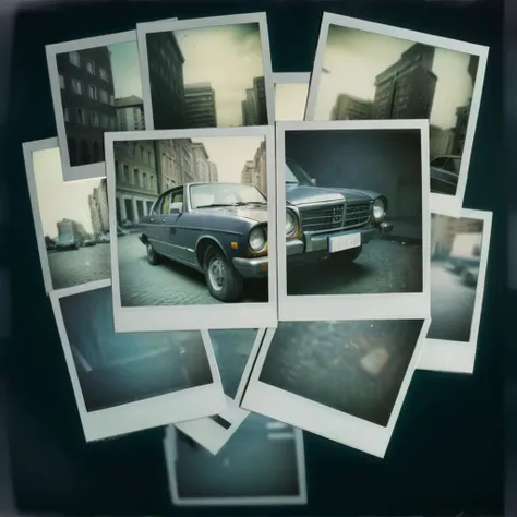poluzzle old car in city, polaroid photos, cinematic, dark atmosphere <lora:poluzlle:1>