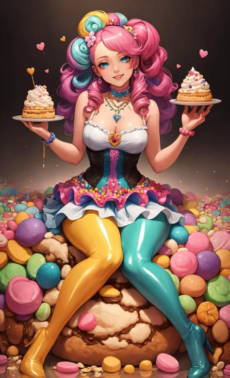 (Masterpiece, best quality:1.3), highly detailed, fantasy, <lora:Candyland-10:0.75>, 8k, candyland, dynamic,solo, 2d, faux traditional media, illustration, candy print, upper teeth, updo, curls, pose,  full body, beautiful woman, head tilt, sitting, in container, long hair, curls, smile, looking at viewer, naughty face,  (detailed eyes, detailed face), (candy clothing:1.1), frilled skirt, center frills, heels, (shiny),  (details), perfect, beautiful, dreamy, heart, colorful, vivid, cinematic, pinup:0.2, ultra-detailed, full background, [hyperrealistic:0.2], perfect hands, fantasy, (depth of field),  rainbow, syrup, cookie, macaron, chocolate bar, glitter, scenery, ((no humans)), drizzle, beautiful, (shiny:1.2), various colors, extremely detailed, (gradients), dripping, (glaze), bloom:0.2, shadow, ((food focus)), focus face, sharp focus, beads