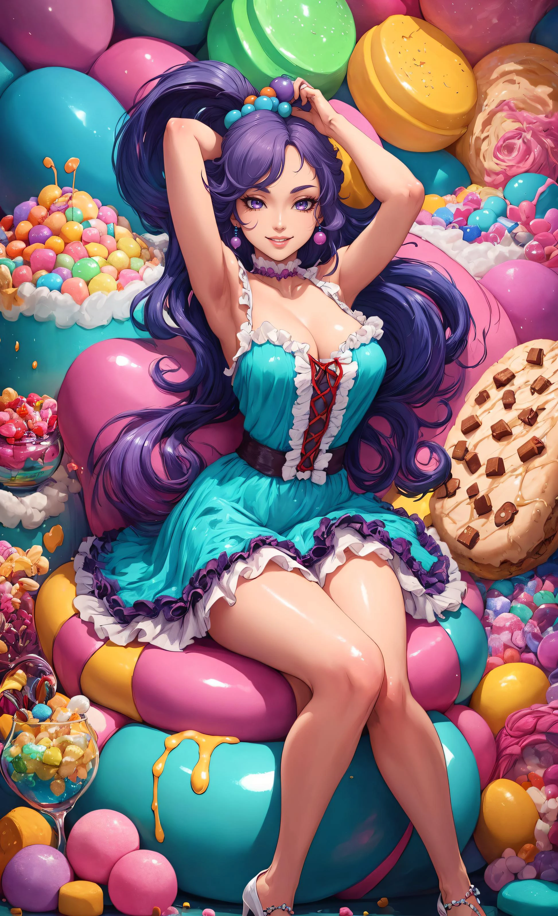 (Masterpiece, best quality:1.3), highly detailed, fantasy, <lora:Candyland-10:0.75>, 8k, candyland, dynamic,solo, 2d, faux traditional media, illustration, candy print, upper teeth, updo, curls, pose,  full body, beautiful woman, head tilt, arms up, sitting, in container, long hair, ponytail, smile, looking at viewer, (MatureFaceV1:0.65), naughty face, purple eyes, (detailed eyes, detailed face), (candy clothing:1.1), frilled skirt, center frills, heels, (shiny),  (details), perfect, beautiful, dreamy, heart, colorful, vivid, cinematic, pinup:0.2, ultra-detailed, full background, [hyperrealistic:0.2], perfect hands, fantasy, (depth of field),  rainbow, syrup, cookie, macaron, chocolate bar, glitter, scenery, ((no humans)), drizzle, beautiful, (shiny:1.2), various colors, extremely detailed, (gradients), dripping, (glaze), bloom:0.2, shadow, ((food focus)), focus face, sharp focus, beads