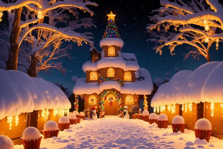 (Masterpiece, best quality:1.3), highly detailed, fantasy,, 2d, cartoon, faux traditional media, <lora:Candyland-10:0.9>, 8k, candyland, (food focus), snowing, winter, Christmas, night sky, candy cane, ice cream, dynamic, cinematic, ultra-detailed, full background, cream, fantasy, illustration, christmas lights, festive, house, doughnut, drip, glitter, scenery, ((no humans)), drizzle:0.4, beautiful, (shiny:0.8),  colorful, ((night)), [glowing:0.4], extremely detailed,  snowman