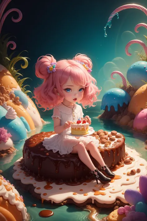 (Masterpiece, best quality:1.3),A little girl who steals cake,  highly detailed, fantasy, chibi, hyperrealistic, [photoreal:0.3], <lora:Candyland-10:0.85>, 8k, candyland, dynamic, no humans, solo, faux traditional media, illustration, (honey river, honey, river), center frills, heels, (shiny),  (details), perfect, beautiful, dreamy, heart, colorful, vivid, cinematic, pinup:0.2, ultra-detailed, full background, [hyperrealistic:0.2], fantasy, (depth of field), rainbow, syrup, cookie, macaron, chocolate bar, glitter, scenery, drizzle, beautiful, (shiny:1.2), various colors, [tilt shift], ((extremely detailed)), (gradients), dripping, (glaze), bloom:0.2, shadow, ((food focus)), focus face, sharp focus, beads