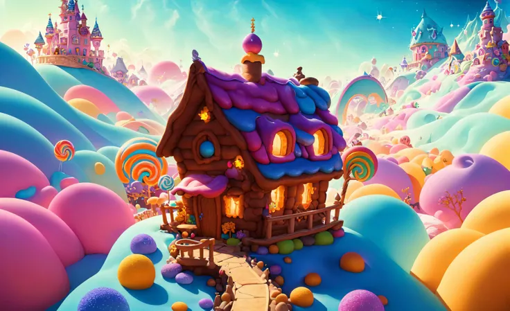 (Masterpiece, best quality:1.3), highly detailed, fantasy, <lora:Candyland-10:0.95>, 8k, candyland, dynamic, cinematic, ultra-detailed, full background, fantasy, illustration, house, roof, sparkle, glitter, scenery, ((no humans)), beautiful, (shiny:1.2), various colors, gumball machine, monolithic, bloom:0.4, sparkle, extremely detailed, multicolored theme