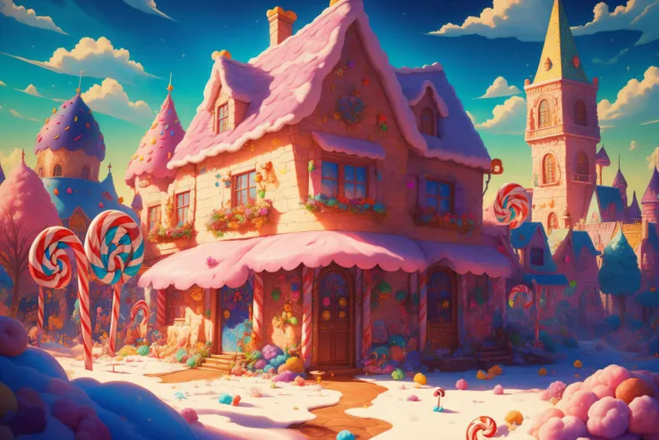 (Masterpiece, best quality:1.3), highly detailed, fantasy,, 2d, cartoon, faux traditional media, <lora:Candyland-10:0.85>, 8k, candyland, (food focus),  candy cane, ice cream, dynamic, cinematic, ultra-detailed, full background, cream, fantasy, outdoors, illustration, shop, sign,  house, doughnut, drip, glitter, scenery, ((no humans)), beautiful, (shiny:0.8),  colorful, day,  [[[glowing:0.4]]], extremely detailed, (depth of field)