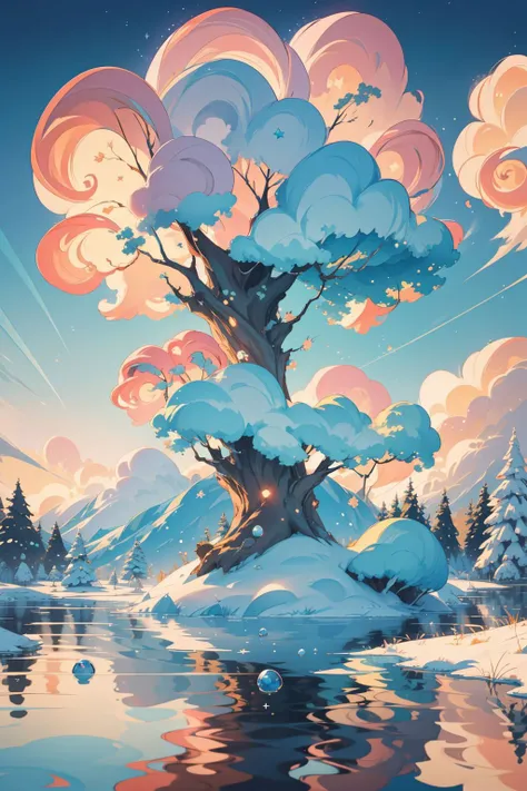 masterpiece, highly detailed, wallpaper, scenery, no humans, bubble, sky, nature, candy, tree, star (sky), blue theme, forest, night, outdoors, signature, starry sky, night sky, cloud, air bubble, underwater, artist name, water, fantasy, moon, cloudy sky, water drop, blue sky, planet, reflection, sunlight, light rays, blurry, light particles <lora:Candyland:1>