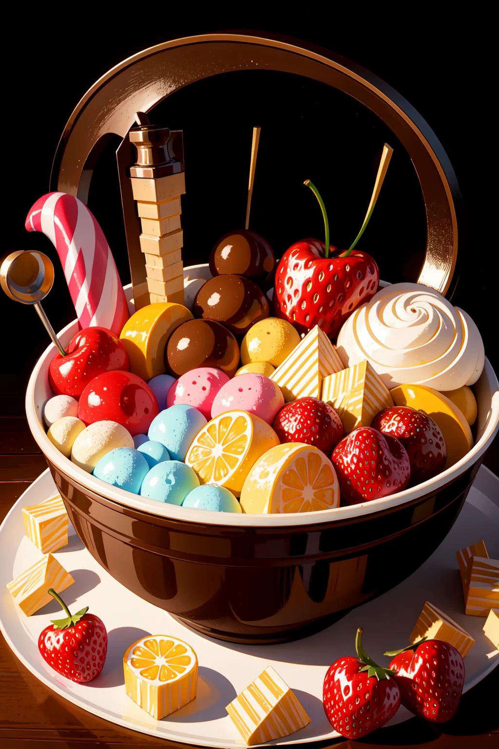 masterpiece, best quality, wide-angle Hyperdetailed, masterpiece, 8k, natural lighting, soft lighting, sunlight, HDR (High Dynamic Range), Maximum Clarity And Sharpness, Multi-Layered Textures,
<lora:Candyland:0.8> candyland, full background, lollipop, fruit, sweets, candy, chocolate, ice cream, strawberry, cherry