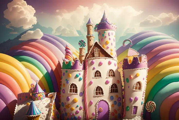 (Masterpiece, best quality:1.3), an (enchanted:1.3) (magical:1.3) (castle), full background, <lora:Candyland-10:0.85>, (candyland:1.5), ice cream, fantasy, rainbow, sharp focus, colorful, (shiny:1.2), natural lighting, cake, candy, atmosphere, (bloom:0.4), sun,clouds,