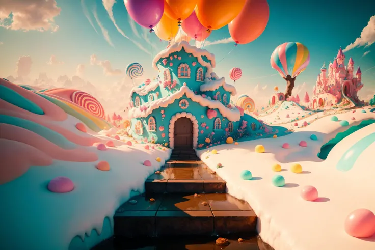 (Masterpiece, best quality:1.3), highly detailed, 8k, <lora:Candyland-10:0.85>, full background, candyland, ice cream, fantasy, rainbow, road, water, balloon, no humans, sharp focus, (depth of field), colorful, (scenery), tree, sky, ((shiny:1.2)), shadow, natural lighting, sparkle, [shimmer:0.2], cake, candy, dynamic view, fantastic, (details:1.2), extremely detailed background, atmosphere, bloom:0.4,  pastel colors, stairs, <lora:epiNoiseoffset_v2:0.15>, cinematic