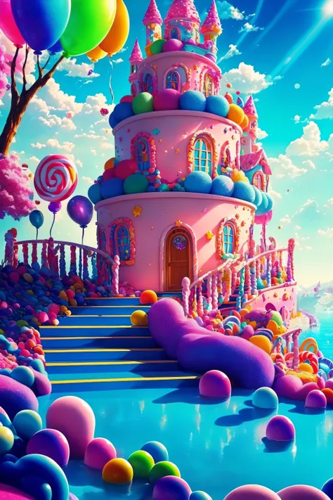 (Masterpiece, best quality:1.3), highly detailed, 8k, <lora:Candyland-10:0.85>, full background, candyland, ice cream, fantasy, rainbow, road, water, balloon, no humans, sharp focus, (depth of field), colorful, (scenery), tree, sky, ((shiny:1.2)), shadow, natural lighting, sparkle, [shimmer:0.2], cake, candy, dynamic view, fantastic, (details:1.2), extremely detailed background, atmosphere, bloom:0.4,  pastel colors, stairs, <lora:epiNoiseoffset_v2:0.15>, cinematic