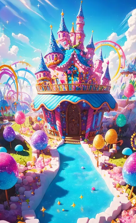 (Masterpiece, best quality:1.3), highly detailed, fantasy, <lora:Candyland-10:0.95>, 8k, candyland, dynamic, cinematic, ultra-detailed, full background, fantasy, illustration, house, cake, roof, drip, sparkle, glitter, scenery, ((no humans)), drizzle, beautiful, (shiny:1.2), various colors, gumball machine, monolithic, bloom:0.4, sparkle:0.2, extremely detailed, multicolored theme, castle, gradient sky, (theme park:1.2)