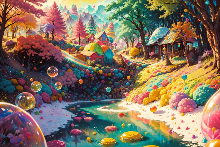 (Masterpiece, best quality:1.3), highly detailed, 8k, dynamic line of action, (faux traditional media), fantasy, illustration, clean, <lora:Candyland-10:0.8>, candyland, scenery, (no humans:1.2), beautiful, (shiny), red theme, gumball, bloom:0.4, (gradients), rainbow, (syrup:1.1), forest, bubble, ice cream cone, whipped cream, chocolate, colorful, floating particles, sparkle, sharp focus, (depth of field), (colorful, vivid:1.1), ((wind)), ((soft lighting:1.1))