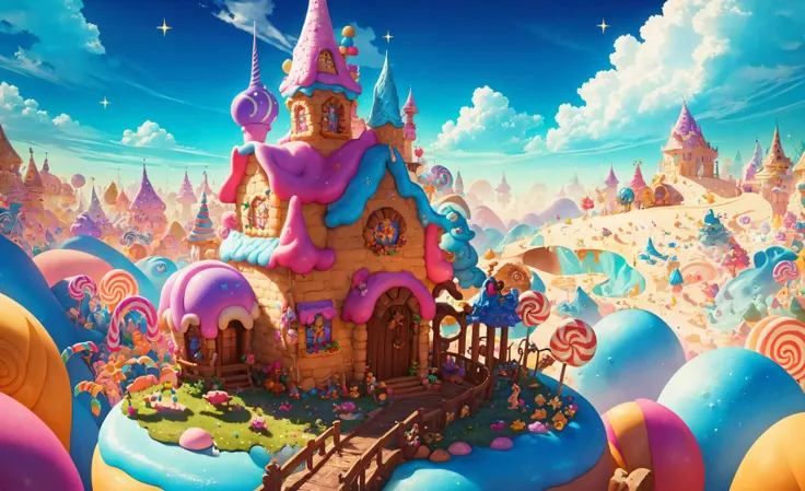 (Masterpiece, best quality:1.3), highly detailed, fantasy, <lora:Candyland-10:0.95>, 8k, candyland, dynamic, cinematic, ultra-detailed, full background, fantasy, illustration, house, cake, roof, drip, sparkle, glitter, scenery, ((no humans)), drizzle, beautiful, (shiny:1.2), various colors, gumball machine, monolithic, bloom:0.4, sparkle, extremely detailed, multicolored theme