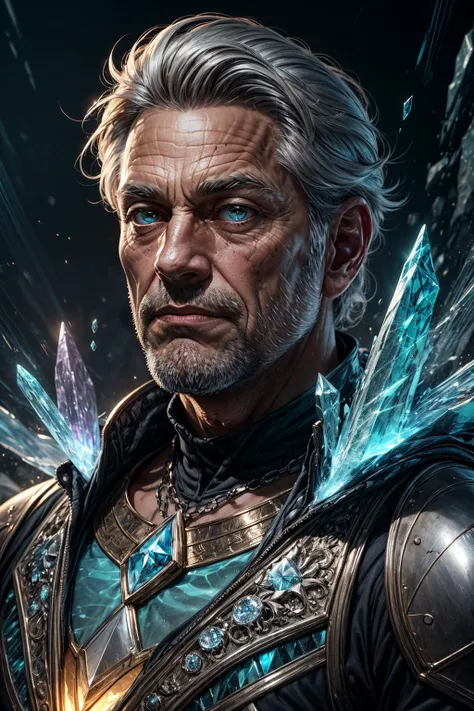 Comic art, RAW-format, <lora:tangbohu-detailer_1.0:1>, <lora:realistic:0.3>
(1man, wrinkled face, old male:1.2), green eyes, gray hair, thin beard,
(style-swirlmagic:1.0), looking up, solo, half shot, detailed background, close up, detailed face, (high fantasy medieval theme:1.1), crystal sorcerer, crystal themed clothes, ice crystals floating in the air, glowing minerals, surrounded by yellow jewels, diamond, crystalline pattern, magical floating particles, crystal dust, icy landscape background, (shallow water:0.7), magical cinematic ethereal atmosphere, backlighting, reflections,
<lora:_rL2170:0.4>,