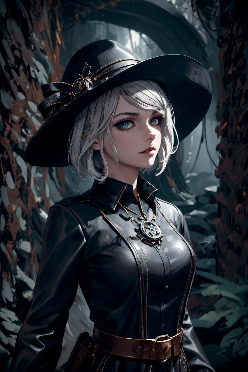 (Gothic style, Dark, mysterious, haunting, dramatic, ornate, detailed,:1.1)
maximum details, cinematic, abstract art, deep shadow, <lora:add_detail:0.5>, <lora:epi_noiseoffset2:0.5>,
1 girl, adult (elven:0.7) woman, purple eyes, platinum blonde razor cut hair,
portrait, solo, upper body, detailed background, detailed face, (bioshock infinite theme:1.1), explorer, running, focused, worn-out leather clothes, shirt, wide brim hat, amulet, belt, rope, cliff edge background, vines, torchlight, foreboding atmosphere,
<lora:_rL2170:0.4>,