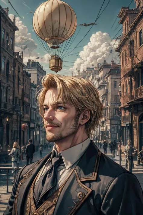 (best quality, masterpiece:1.2), photorealistic, thick outlines, strong shadows, <lora:add_detail:0.75>,
(1man, muscular adult male:1.2), aquamarine eyes, natural blonde hair, textured fringe,
(character focus:1.1), portrait, solo, half shot, detailed background, detailed face, (<lora:FiveDecorsAIx3:0.6>, CircuitBoardAI, electronic theme:1.1), aristocratic pose, smiling, ruling class, elegant clothing, looking up at floating (cloud city:1.1), cloudtop sky-city, floating platforms, floating buildings, dome, railing, bridges, clouds in background, balloon in background, wind blowing, cinematic atmosphere,
<lora:_rL2170:0.4>,